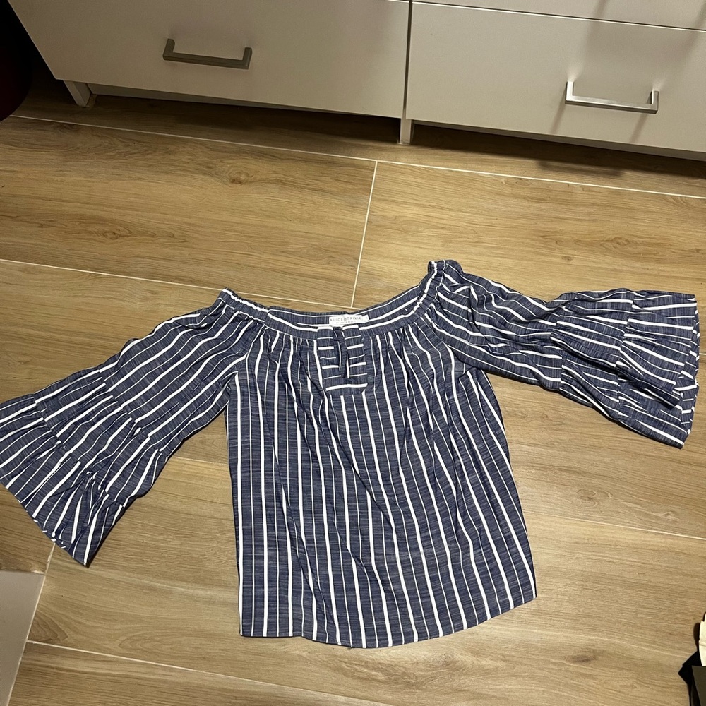 Alice and Trixie blue and white striped off shoulder blouse